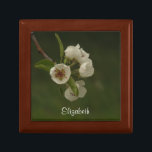 Elegant Pear Blossoms Floral Photo Personalized Gift Box<br><div class="desc">A branch of a pear tree in springtime, tipped with a cluster of dainty white blossoms, reaches into the photo. The petals of the pear blossoms stand out from the soft green background. Below the flowers is a place for the name of someone special who loves the sight of a...</div>