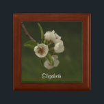 Elegant Pear Blossoms Floral Photo Personalized  Gift Box<br><div class="desc">A branch of a pear tree in springtime, tipped with a cluster of dainty white blossoms, reaches into the photo. The petals of the pear blossoms stand out from the soft green background. Below the flowers is a place for the name of someone special who loves the sight of a...</div>
