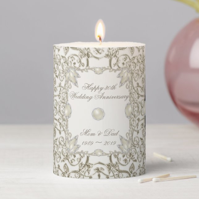 Elegant Pearl 30th Wedding Anniversary 3x4 Pillar Candle (In Situ)