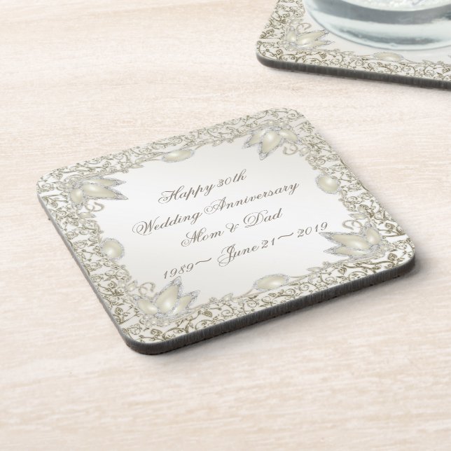 Elegant Pearl 30th Wedding Anniversary Beverage Coaster (Left Side)