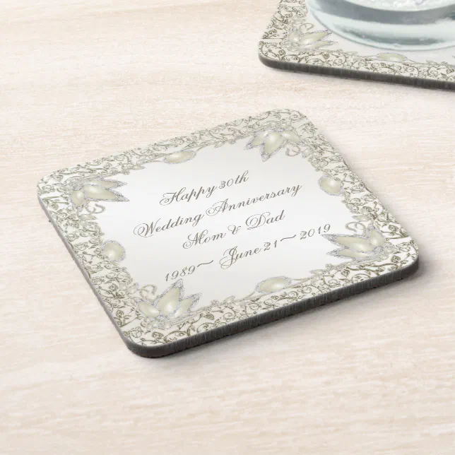 Elegant Pearl 30th Wedding Anniversary Beverage Coaster | Zazzle