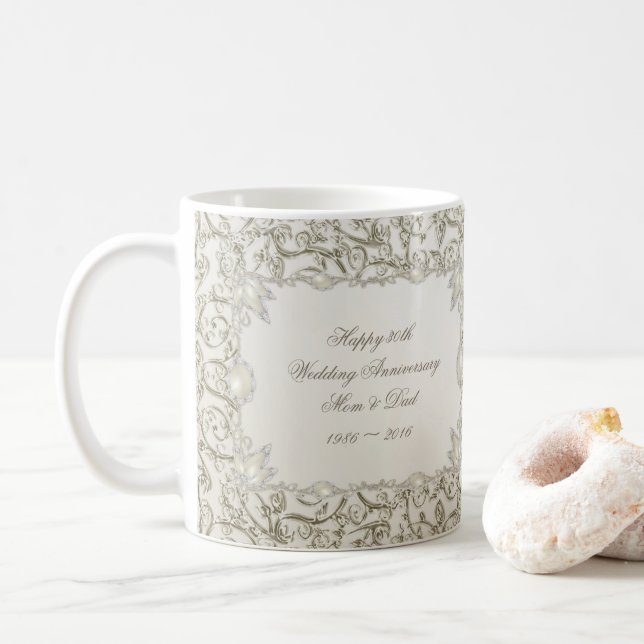 Elegant Pearl 30th Wedding Anniversary Coffee Mug (With Donut)
