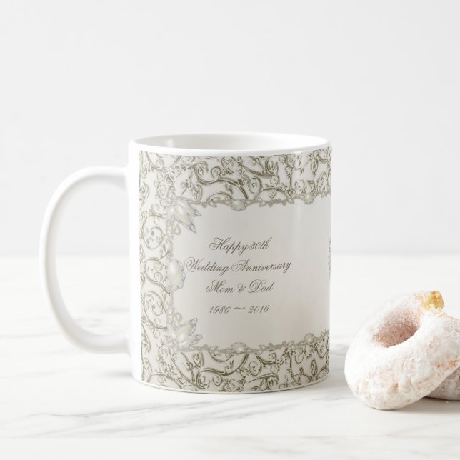 Elegant Pearl 30th Wedding Anniversary Coffee Mug (With Donut)