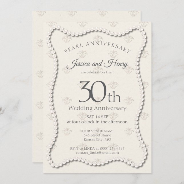 Elegant Pearl 30th wedding anniversary damask Invitation (Front/Back)