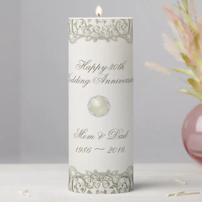 Elegant Pearl 30th Wedding Anniversary Pillar Candle | Zazzle