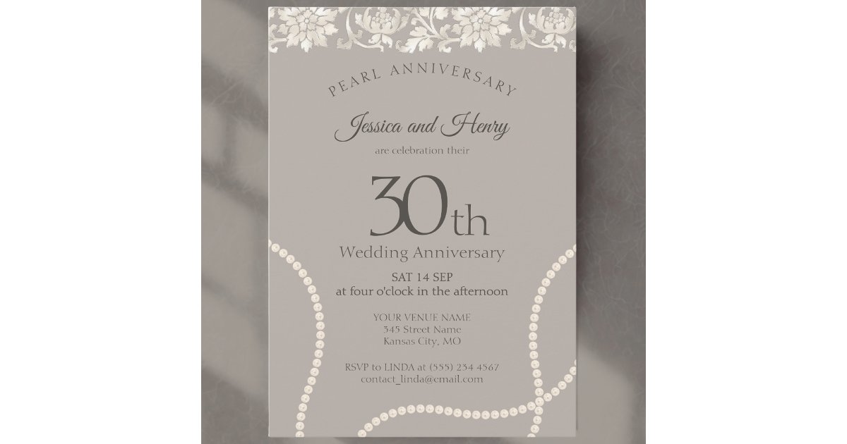 Elegant Pearl 30th wedding anniversary taupe Invitation | Zazzle