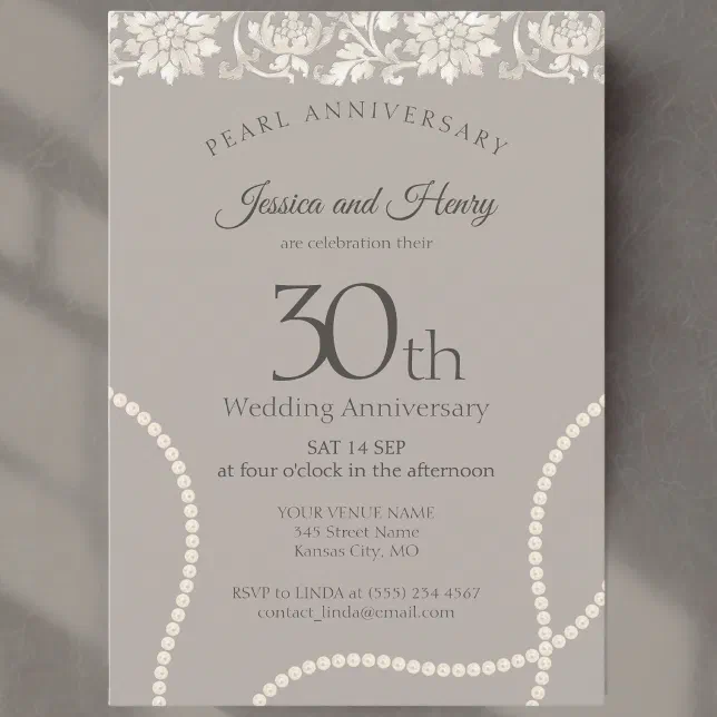 Elegant Pearl 30th wedding anniversary taupe Invitation | Zazzle