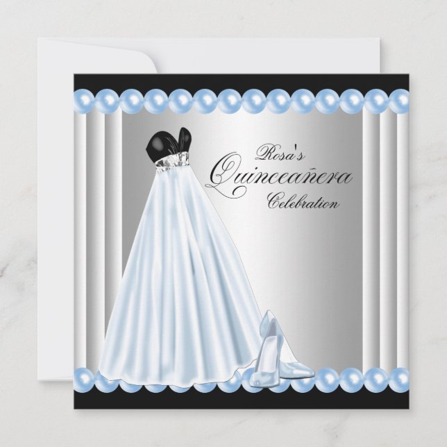 Elegant Pearl Baby Blue Quinceanera Invitations (Front)