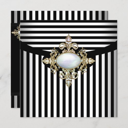 Elegant Pearl Black White Stripe Birthday Party Invitation