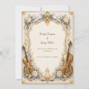 Elegant Pearl Blue Florals Strings Wedding Luxe Invitation