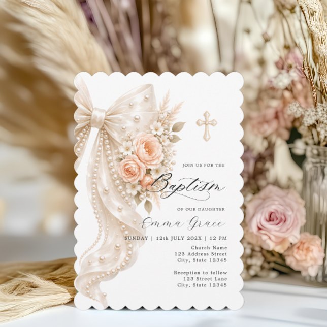 Elegant Pearl Bow and Floral Baptism Invitation (Creator Uploaded)