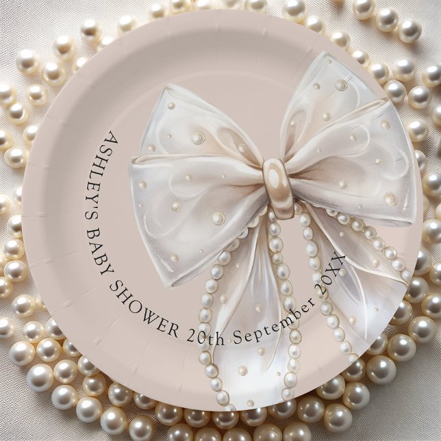 Elegant Pearl Bow Baby Shower Paper Plates (Creator Uploaded)