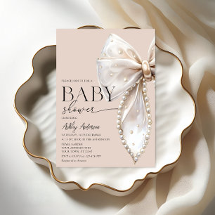 Elegant Pearl Bow Beige Neutral Baby Shower Invitation