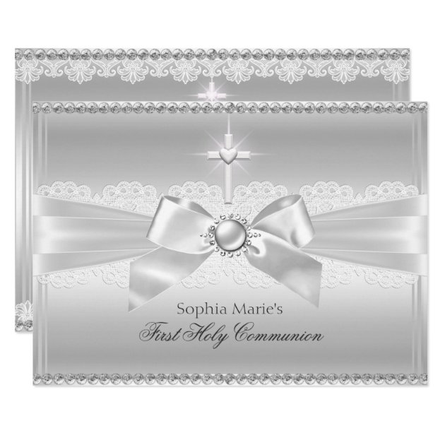 Elegant Pearl Bow & Cross First Holy Communion Invitation