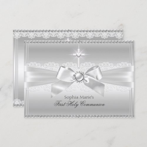 Elegant Pearl Bow  Cross First Holy Communion Invitation