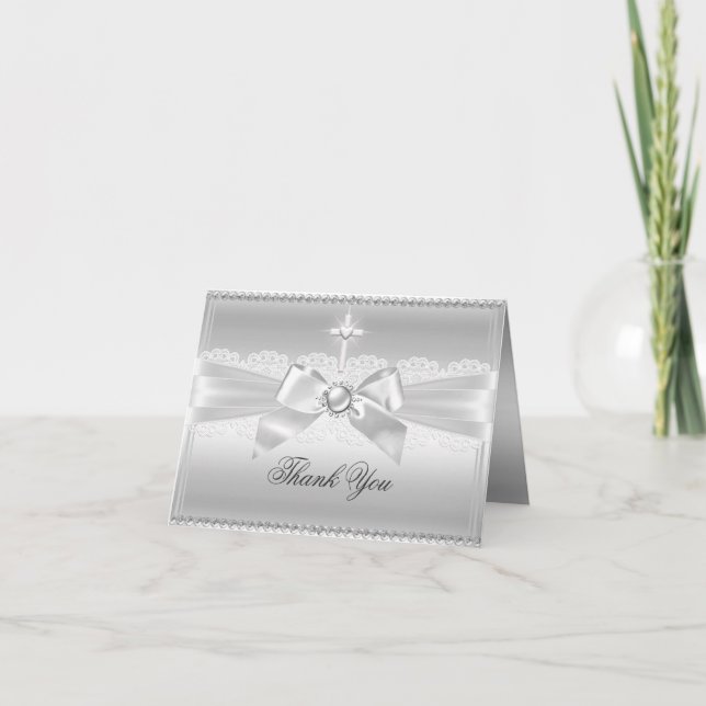 Elegant Pearl Bow & Cross Thank You Card (Front)