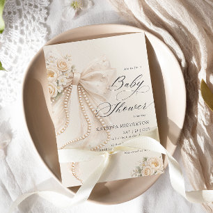 Elegant Pearl Bow Floral Baby Shower Invitation