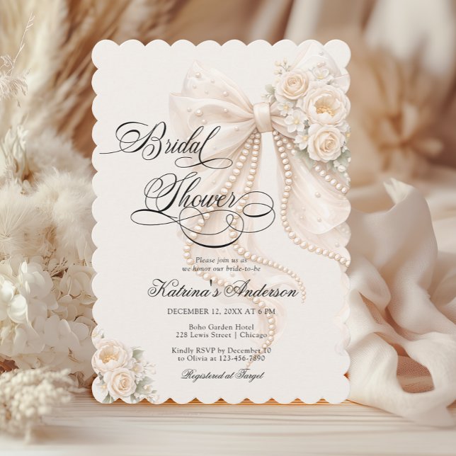 Elegant Pearl Bow Floral Bridal Shower  Invitation (Creator Uploaded)
