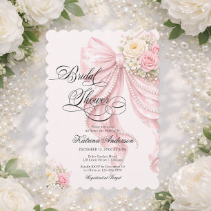 Elegant Pearl Bow Floral Pink Bridal Shower  Invitation