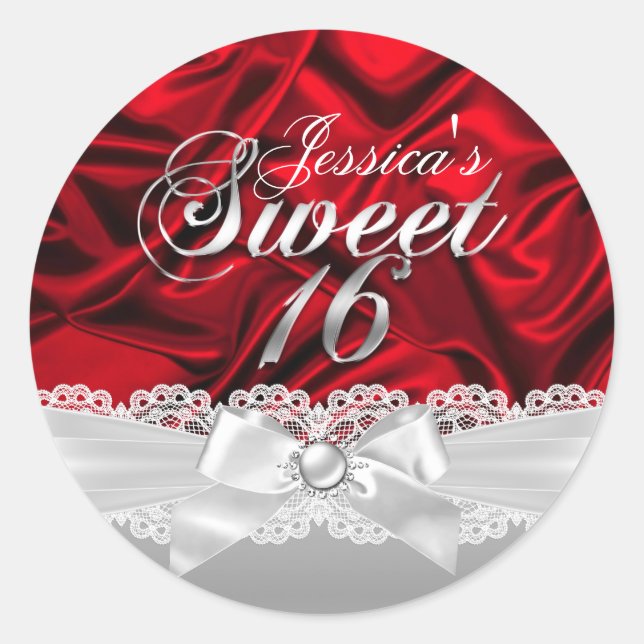 Elegant Pearl Bow & Red Silk Sweet Sixteen Sticker (Front)
