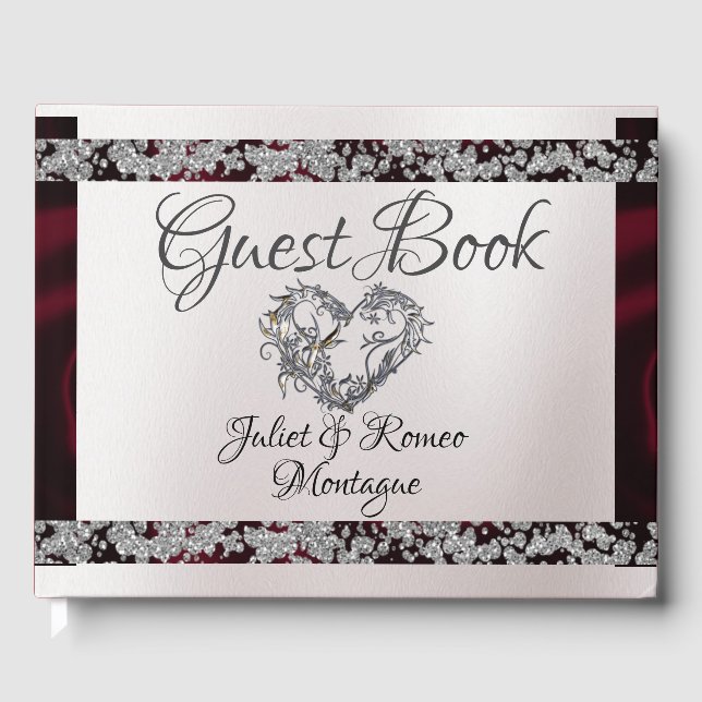 Elegant Pearl, Burgundy Ribbon & Sparkle Guest Book (Front)