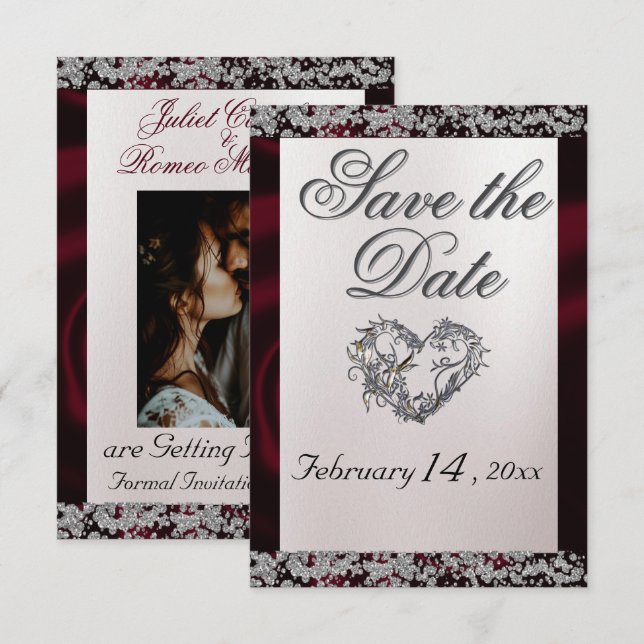 Elegant Pearl, Burgundy Ribbon & Sparkle Save The Date (Front/Back)