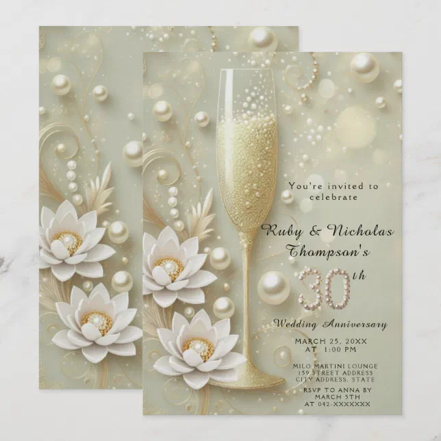 Elegant Pearl & Champagne Glass 30th Wedding Anniv Invitation | Zazzle