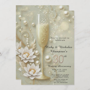 Elegant Pearl & Champagne Glass 30th Wedding Anniv Invitation