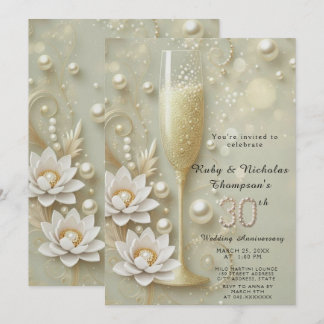 Elegant Pearl & Champagne Glass 30th Wedding Anniv Invitation