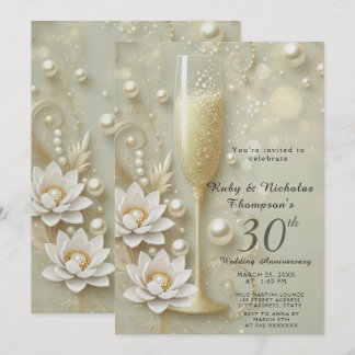 Elegant Pearl & Champagne Glass 30th Wedding Anniv Invitation