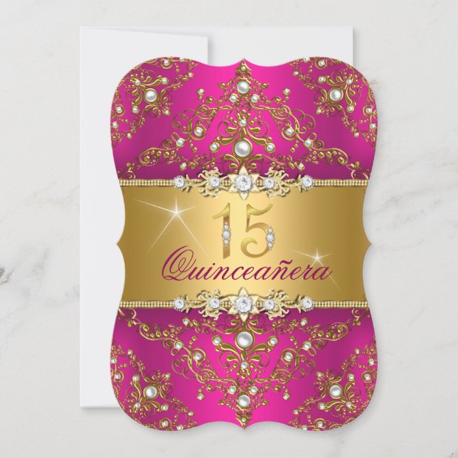 Elegant Pearl Damask Hot Pink Quinceanera Invitation (Front)