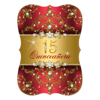 Elegant Pearl Damask Ruby Red Quinceanera Card