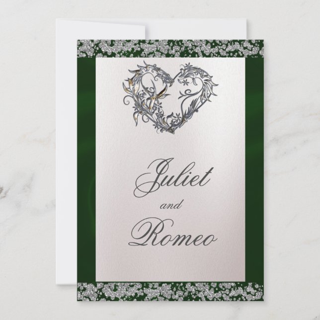 Elegant Pearl, Emerald Ribbon & Sparkle Invitation (Front)