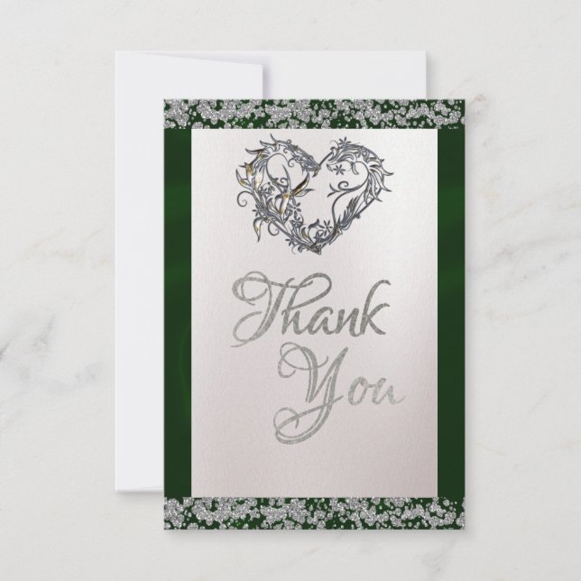 Elegant Pearl, Emerald Ribbon & Sparkle Thank You Card (Front)