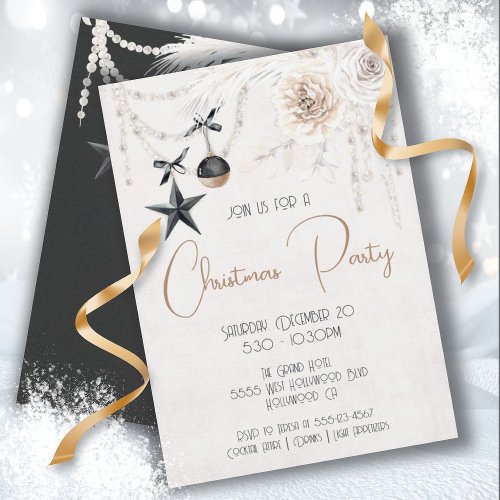 Elegant Pearl Floral Black  White Christmas Party Invitation