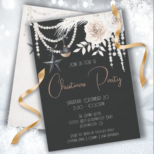 Elegant Pearl Floral Black  White Christmas Party Invitation