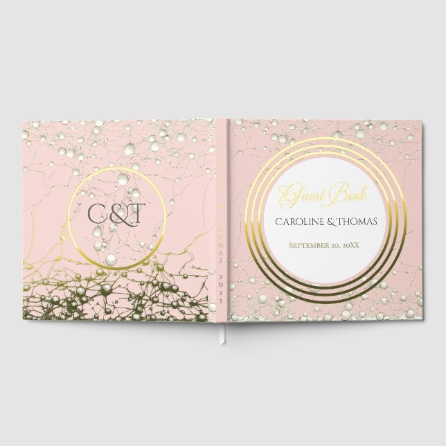 Elegant Pearl Gold Script Wedding Romantic Pearls Foil Guest Book (Full)