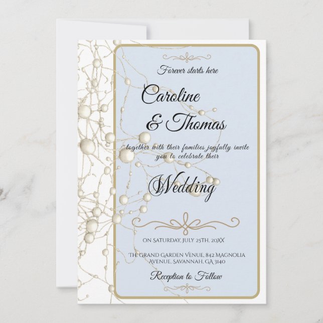 Elegant Pearl Gold Script Wedding Romantic Pearls Invitation (Front)