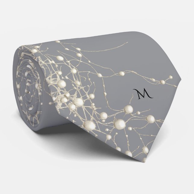 Elegant Pearl Gold Script Wedding Romantic Pearls Neck Tie (Rolled)