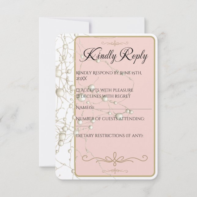 Elegant Pearl Gold Script Wedding Romantic Pearls RSVP Card (Front)