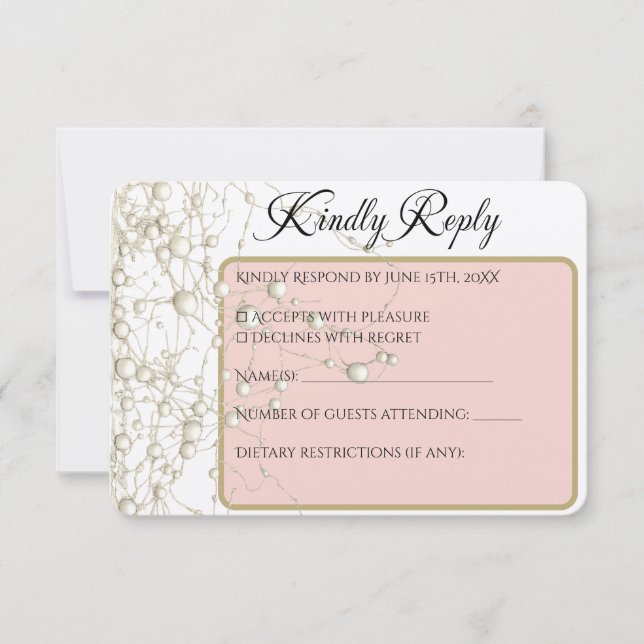 Elegant Pearl Gold Script Wedding Romantic Pearls RSVP Card (Front)
