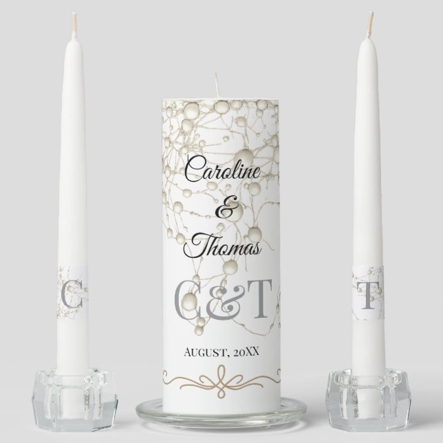 Elegant Pearl Gold Script Wedding Romantic Pearls Unity Candle Set (Front)