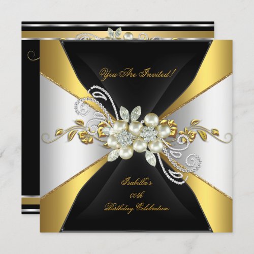 Elegant Pearl Gold Silver Diamond Birthday Party 3 Invitation