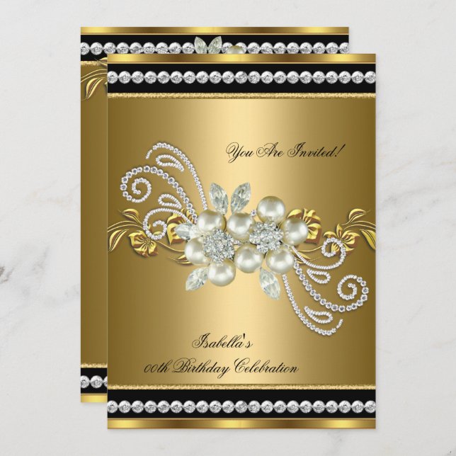 Elegant Pearl Gold Silver Diamond Birthday Party 7 Invitation (Front/Back)