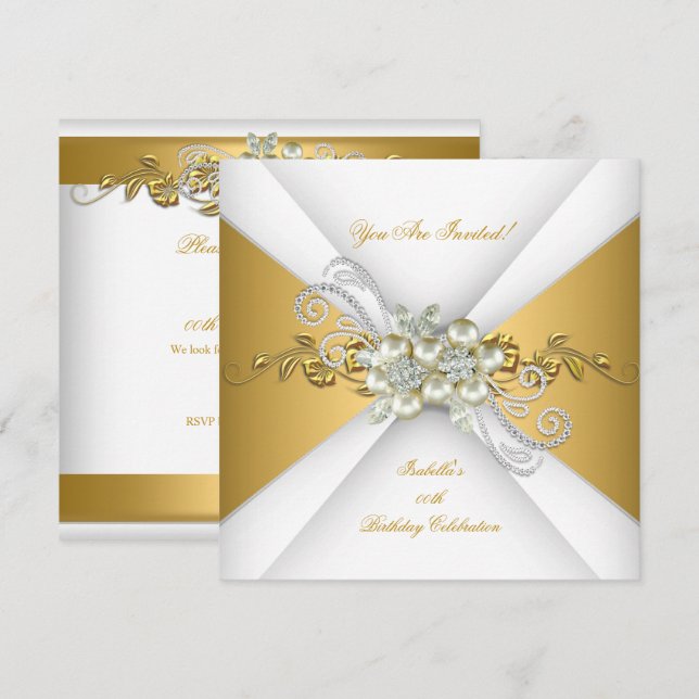 Elegant Pearl Gold Silver Diamond Birthday Party B Invitation (Front/Back)