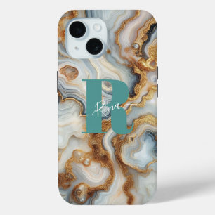 Elegant Pearl Golden Agate Custom Monogram iPhone 15 Case