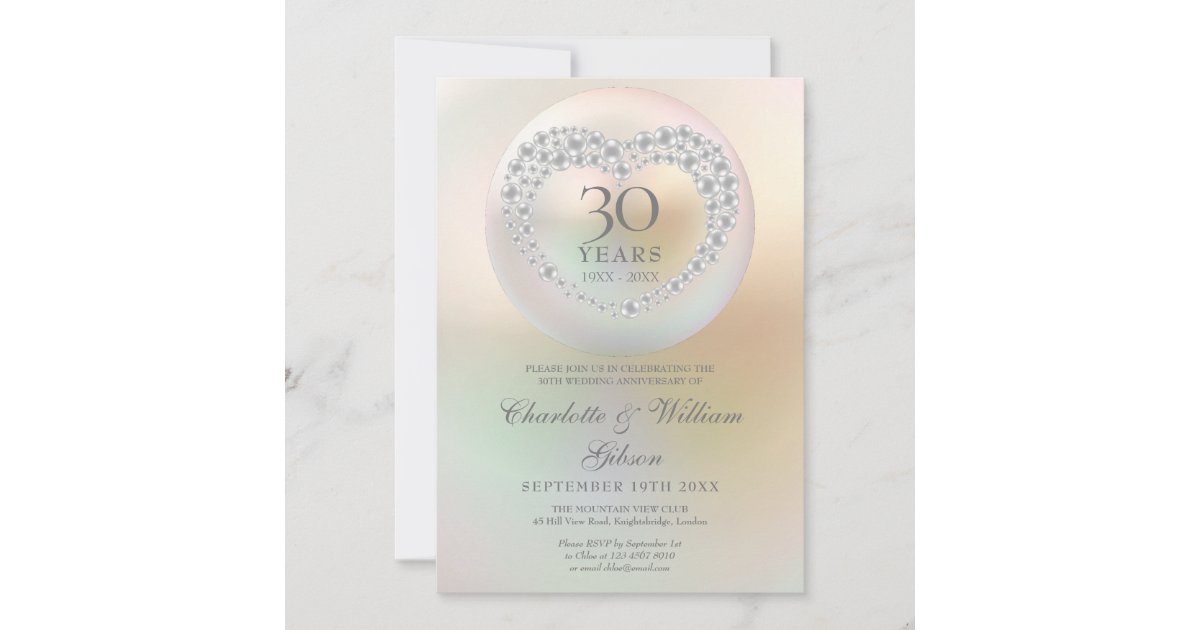 Elegant Pearl Heart 30th Wedding Anniversary Invitation | Zazzle