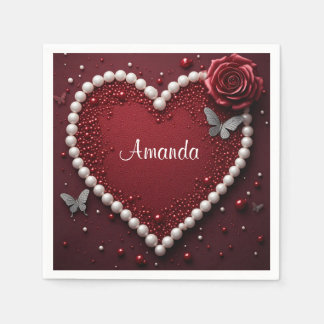Elegant Pearl Heart Floral Wedding Celebration 🤍 Napkins