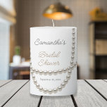 Elegant Pearl Necklace Bridal Shower Pillar Candle<br><div class="desc">Celebrate a special bridal shower with this elegant pearl-themed pillar candle. Featuring a sophisticated pearl necklace design and personalized details, this candle is perfect as a centerpiece, party favor, or keepsake gift. The timeless white and pearl aesthetic adds a touch of class to any bridal shower, wedding, or anniversary event....</div>