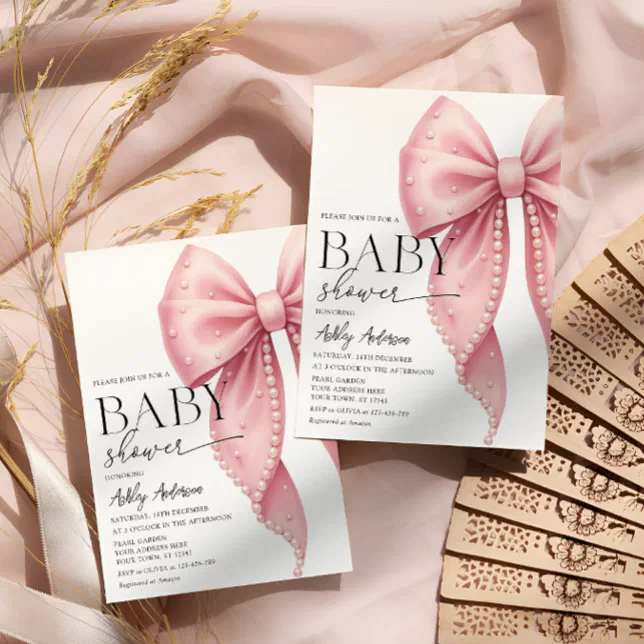 Elegant Pearl Pink Bow Girl Baby Shower Invitation | Zazzle